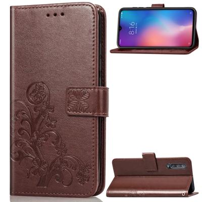 Lucky Clover ingedrukt bloemen patroon lederen draagtas voor Xiaomi mi 9 met houder & kaartsleuven & portemonnee & hand strap (bruin)