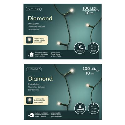 Set van 2x stuks kerstverlichting warm wit 100 lampjes 990 cm lichtsnoer met timer