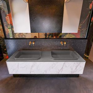 Badkamermeubelset Mondiaz Erin 150 cm met 1 Lade met RIDGE Wastafel Dubbel Dark grey Zonder Kraangaten Greeploos Mat Carrara