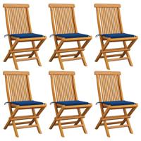 Tuinstoelen 6 st met koningsblauwe kussens massief teakhout