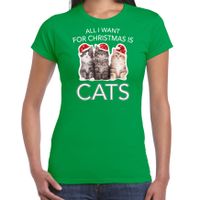 Kitten Kerst t-shirt / outfit All i want for Christmas is cats groen voor dames