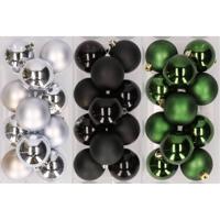 36x stuks kunststof kerstballen mix van zilver, zwart en donkergroen 6 cm - Kerstbal - thumbnail