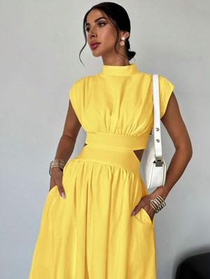 Women's White High Waist Midi Dress - Elegant Stand Collar Pocket Yellow / M