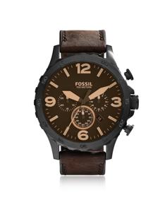 Fossil Heren Nate chronograaf bruin lederen bandhorloge JR1487
