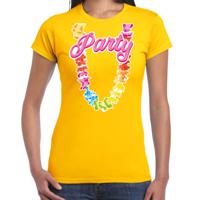 Tropical party T-shirt voor dames - bloemenkrans - geel - carnaval/themafeest - thumbnail