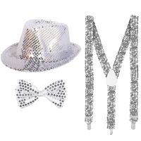 Carnaval verkleed set hoed-strikje-bretels zilver glitters - thumbnail