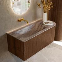 Badmeubel Mondiaz Kurve-Dlux | 105 cm | Meubelkleur Walnut | Wastafelkleur Oza | Solid surface | Wasbak linker zijde spoelbak | Zonder kraangat(en) Badmeubel Mondiaz Kurve-Dlux | 105 cm | Meubelkleur Walnut | Wastafelkleur Oza | Solid surface | Wasbak linker zijde spoelbak | Zonder kraangat(en)