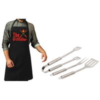 Barbecue/bbq gereedschap 3-delige set 33 cm van RVS met zwart schort The GrillFather - thumbnail