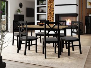 Eettafel ALONSO 140>180 cm zwart met 6 stoelen en grijze kussens