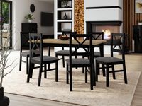 Eettafel ALONSO 140>180 cm zwart met 6 stoelen en grijze kussens