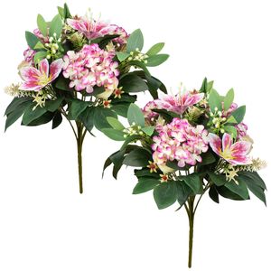 Kunstbloemen boeket roos/hortensia/lelie - 2x - roze/wit - H39 cm - Bloemstuk - Bladgroen