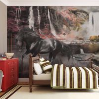 Fotobehang - Zwart paard voor een waterval , multi kleur - thumbnail