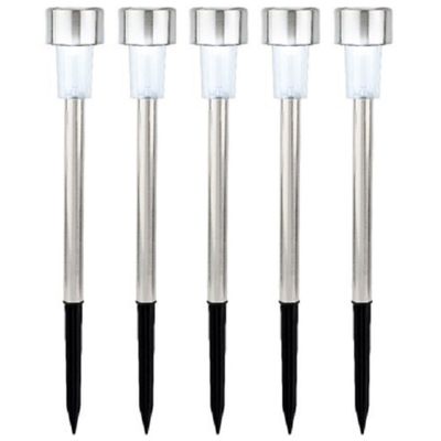 5x Buiten/tuin Led zilveren stekers solar verlichting 24 cm Rvs koud wit