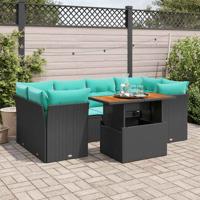 7-delige Loungeset met kussens poly rattan zwart