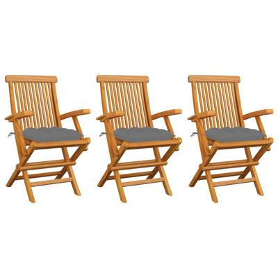 Tuinstoelen 3 st met grijze kussens massief teakhout