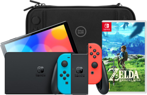 Nintendo Switch OLED Rood/Blauw + Zelda: Breath of the Wild +  Bluebuilt Beschermhoes