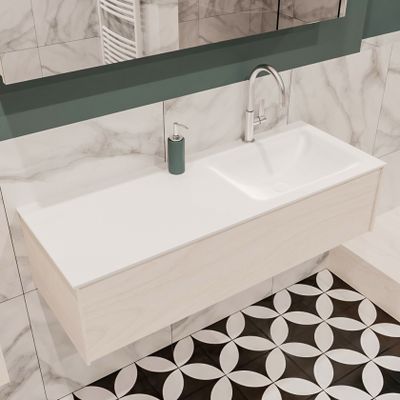 Mondiaz Lush Cloud badmeubel underlayment 120 cm 1 lade solid surface enkele spoelbak rechts 1 kraangat