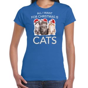 Kitten Kerst t-shirt / outfit All i want for Christmas is cats blauw voor dames