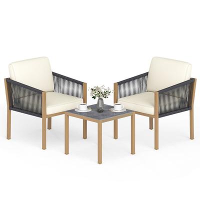 3-Delige Tuinset Bistroset voor Buiten van Gevlochten Touw met Kussens Buitentafel en -Stoelen