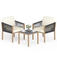 3-Delige Tuinset Bistroset voor Buiten van Gevlochten Touw met Kussens Buitentafel en -Stoelen