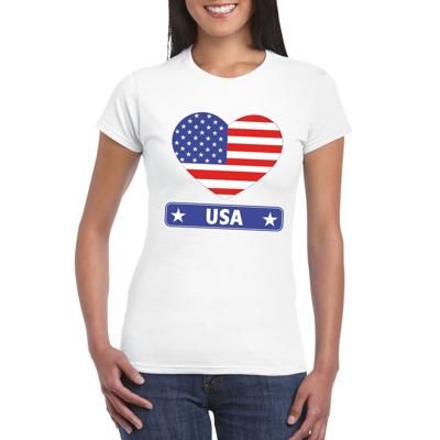 Amerika/ USA t-shirt - met hartjes vlag print - wit - dames - korte mouwen - landen supporters Amerika/ USA t-shirt - met hartjes vlag print - wit - dames - korte mouwen - landen supporters
