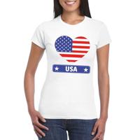 Amerika/ USA t-shirt - met hartjes vlag print - wit - dames - korte mouwen - landen supporters