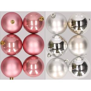 12x stuks kunststof kerstballen mix van oudroze en zilver 8 cm - Kerstbal