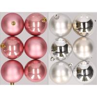 12x stuks kunststof kerstballen mix van oudroze en zilver 8 cm - Kerstbal - thumbnail