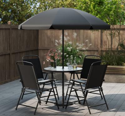 6-delig Tuin-eetset met Parasol Buiten Tafel en Stoelset met 4 Opvouwbare Stoelen Zwart