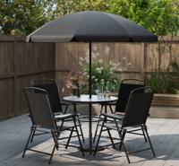 6-delig Tuin-eetset met Parasol Buiten Tafel en Stoelset met 4 Opvouwbare Stoelen Zwart