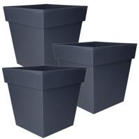 EDA Bloempot Toscane vierkant - 3x stuks - kunststof - antraciet grijs - L32 x B32 x H32 cm - 22L -
