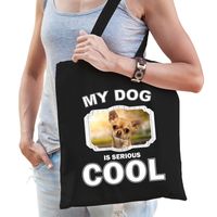 Chihuahua honden tasje zwart volwassenen en kinderen - my dog serious is cool kado boodschappentasje - thumbnail