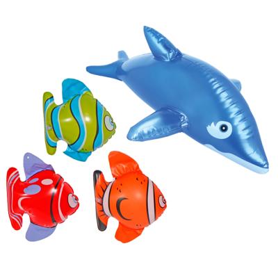 Opblaasbare dieren set - 3x stuks Opblaasbare vissen van 22 cm en 1x een dolfijn van 53 cm