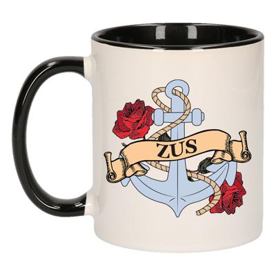 Cadeau koffie/thee mok voor zus - anker - rozen - zwart - 300 ml - keramiek
