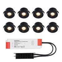 Set van 8 Cadiz LED Mini Inbouwspots met Trafo - 12 Volt 3 Watt 200 lumen - Plat 26mm - 2700K - IP44 waterdicht - Niet Dimbaar - Zwart