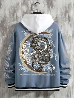 Bon&Bon Men's Chinese Dragon Varsity Baseball Jacket - Loose Fit Dusty Blue / L
