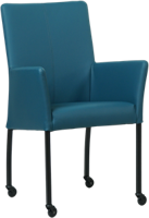 Blauwe leren moderne eetkamerstoel Comfort - poot rond zwart met wiel - Hermes Leer Turquoise (blauw leer)