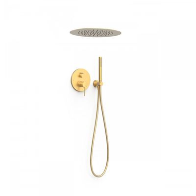 Regendoucheset Inbouw Tres Study Exclusive Rond 38 cm met Plafonddouche en Handdoucheset met Staafhanddouche Rapid Box Mat Goud