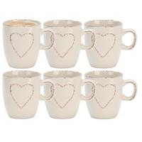 Siaki mokken set Heart - 6x - wit - 150 ml - koffie / thee - keramiek