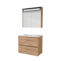 Basic-Line Premium 46 Badkamermeubelset - 80 x 46 cm - Greeploos - 2 Lades - Keramische Wastafel - 1 Kraangat - Spiegelkast met LED Verlichting - Whisky Oak