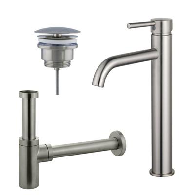 Fortifura Calvi Wastafelkraanset - verhoogde wastafelkraan - always open plug - design sifon - Geborsteld RVS PVD (RVS) SW377857/SW696207/SW696212