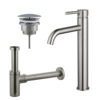 Fortifura Calvi Wastafelkraanset - verhoogde wastafelkraan - always open plug - design sifon - Geborsteld RVS PVD (RVS) SW377857/SW696207/SW696212