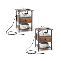 Set van 2 Nachtkastjes met Laadstation en Lade Bijzettafels met Open Planken Metalen Frame Industriële Stijl 40 x 40 x 55 cm