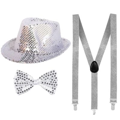 Carnaval verkleed set hoed-strikje-bretels zilver glitters