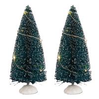 Kerstdorp mini kerstboompjes - 2x st - 15 cm - verlicht - 20 witte LED lampjes