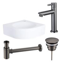 QeramiQ Fuente fonteinset - 30x30x10cm - 1 kraangat - hoek - keramiek - fonteinkraan gunmetal - glans wit SW696237/SW696207/SW696217/SW679885