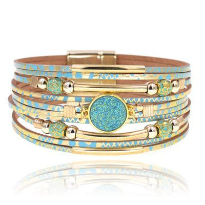 Groene goudkleurige multilayer leren dames armband met steen en kralen