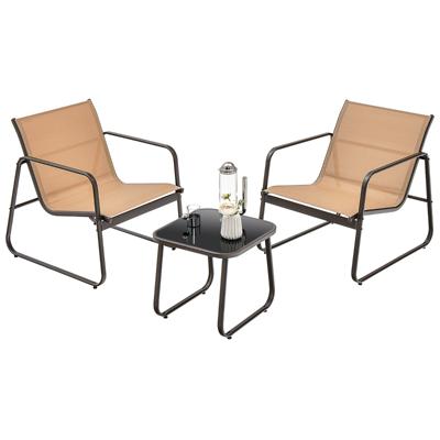 3-Delig Tuinmeubelen Ademende Stof en Metalen Frame 150KG Belasting Terrasmeubelset met Tafel van Gehard Glas Bruin