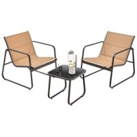 3-Delig Tuinmeubelen Ademende Stof en Metalen Frame 150KG Belasting Terrasmeubelset met Tafel van Gehard Glas Bruin