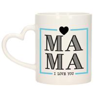 Cadeau koffie/thee mok voor mama - wit/blauw - ik hou van jou - hartjes oor - Moederdag   -